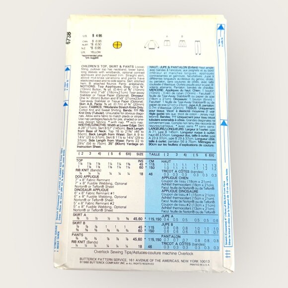 Vintage 1980s Butterick Sewing Pattern 6738 Childrens Top Skirt Pants Size 2-4 - Picture 2 of 2